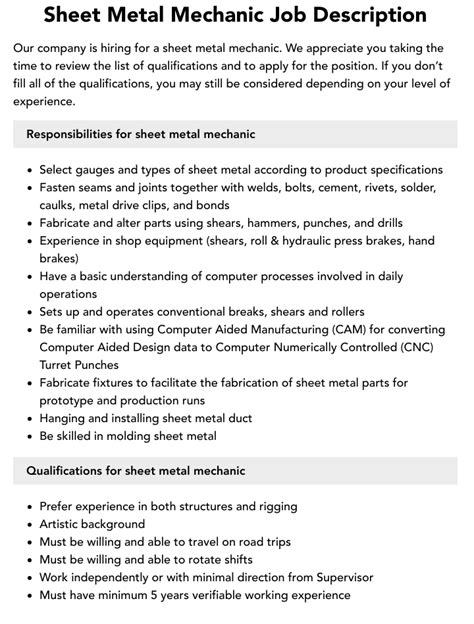 sheet metal supervisor job description|sheet metal mechanic job duties.